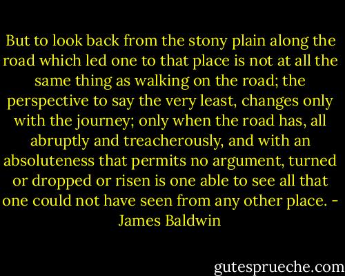 But to look back from the stony plain along the road which led one to that place is not at all the same thing as walking on the road; the perspective to say the very least, changes only with the journey; only when the road has, all abruptly and treacherously, and with an absoluteness that permits no argument, turned or dropped or risen is one able to see all that one could not have seen from any other place. - James Baldwin