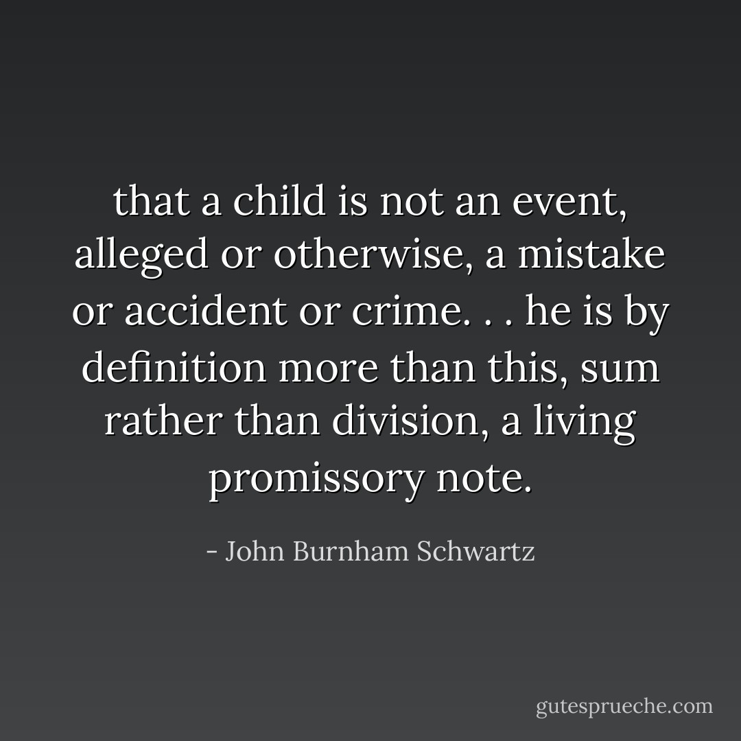 that a child is not an event, alleged or otherwise, a mistake or accident or crime. . . he is by definition more than this, sum rather than division, a living promissory note. - John Burnham Schwartz