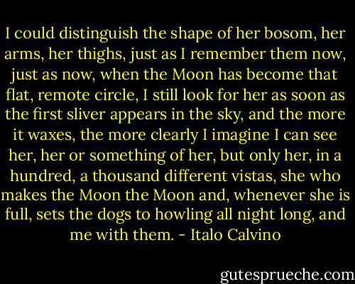 I could distinguish the shape of her bosom, her arms, her thighs, just as I remember them now, just as now, when the Moon has become that flat, remote circle, I still look for her as soon as the first sliver appears in the sky, and the more it waxes, the more clearly I imagine I can see her, her or something of her, but only her, in a hundred, a thousand different vistas, she who makes the Moon the Moon and, whenever she is full, sets the dogs to howling all night long, and me with them. - Italo Calvino