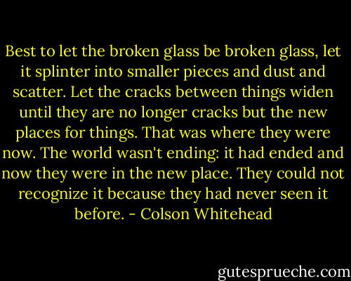Best to let the broken glass be broken glass, let it splinter into smaller pieces and dust and scatter. Let the cracks between things widen until they are no longer cracks but the new places for things. That was where they were now. The world wasn't ending: it had ended and now they were in the new place. They could not recognize it because they had never seen it before. - Colson Whitehead