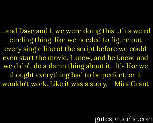 …and Dave and I, we were doing this…this weird circling thing, like we needed to figure out every single line of the script before we could even start the movie. I knew, and he knew, and we didn’t do a damn thing about it…It’s like we thought everything had to be perfect, or it wouldn’t work. Like it was a story. - Mira Grant