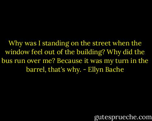 Why was I standing on the street when the window feel out of the building? Why did the bus run over me? Because it was my turn in the barrel, that's why. - Ellyn Bache
