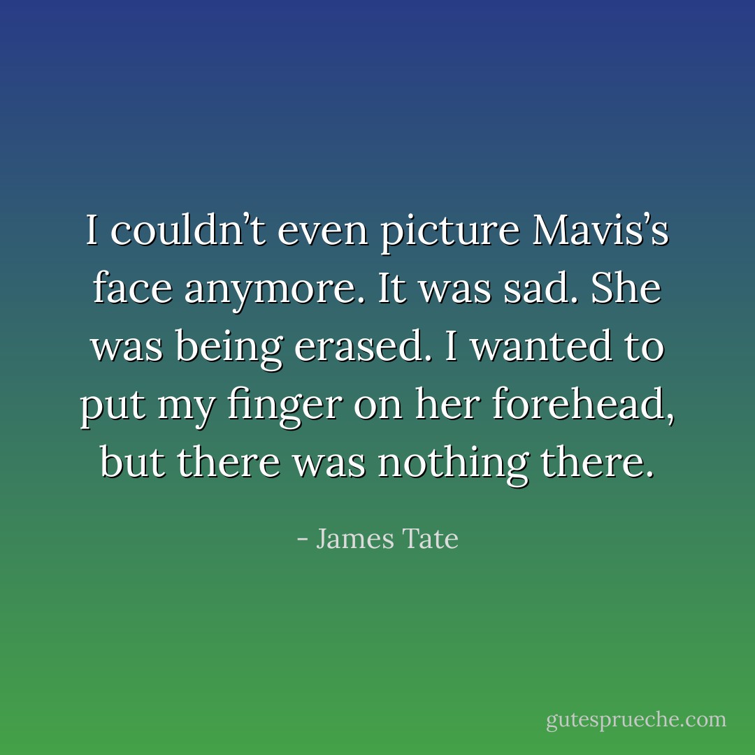 I couldn’t even picture Mavis’s face anymore. It was sad. She was being erased. I wanted to put my finger on her forehead, but there was nothing there. - James Tate