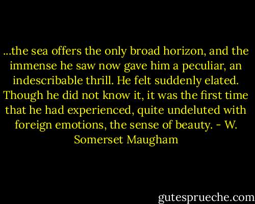 ...the sea offers the only broad horizon, and the immense he saw now gave him a peculiar, an indescribable thrill. He felt suddenly elated. Though he did not know it, it was the first time that he had experienced, quite undeluted with foreign emotions, the sense of beauty. - W. Somerset Maugham