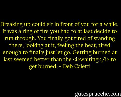 Breaking up could sit in front of you for a while. It was a ring of fire you had to at last decide to run through. You finally got tired of standing there, looking at it, feeling the heat, tired enough to finally just let go. Getting burned at last seemed better than the <i>waiting</i> to get burned. - Deb Caletti