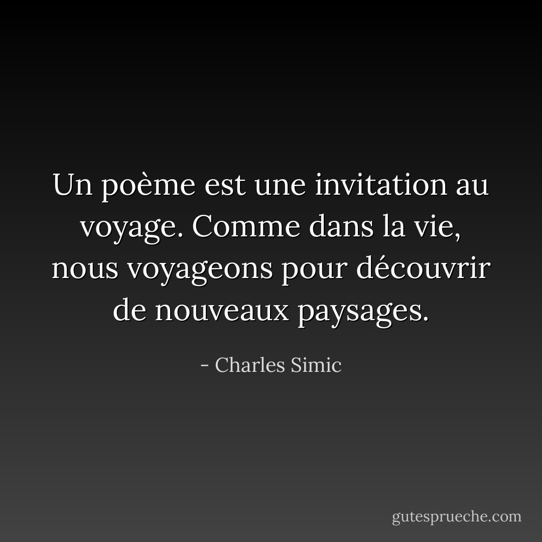 Un poème est une invitation au voyage. Comme dans la vie, nous voyageons pour découvrir de nouveaux paysages. - Charles Simic