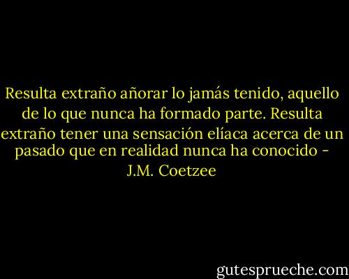 Resulta extraño añorar lo jamás tenido, aquello de lo que nunca ha formado parte. Resulta extraño tener una sensación elíaca acerca de un pasado que en realidad nunca ha conocido - J.M. Coetzee