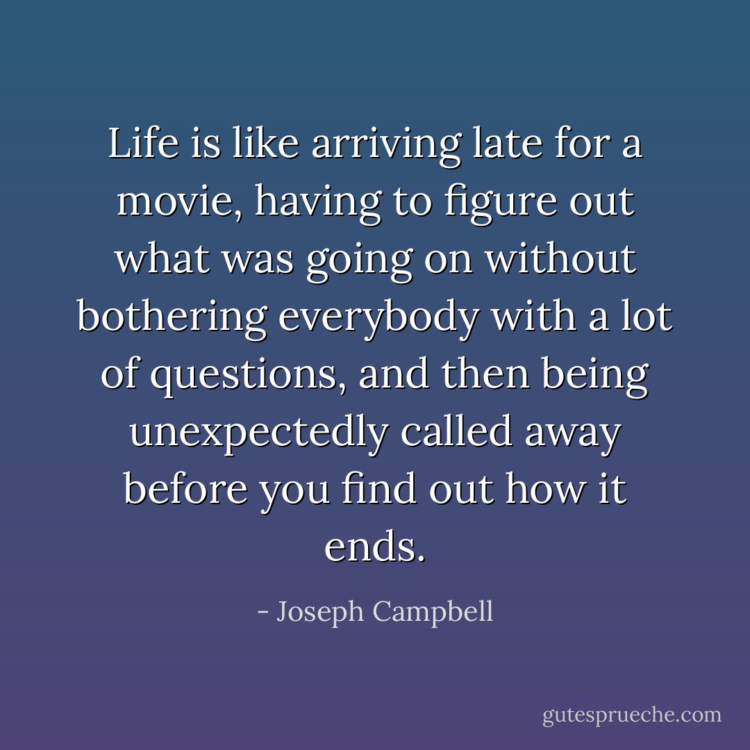 Life is like arriving late for a movie, having to figure out what was going on without bothering everybody with a lot of questions, and then being unexpectedly called away before you find out how it ends. - Joseph Campbell