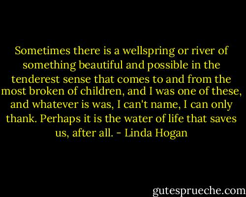 Sometimes there is a wellspring or river of something beautiful and possible in the tenderest sense that comes to and from the most broken of children, and I was one of these, and whatever is was, I can't name, I can only thank. Perhaps it is the water of life that saves us, after all. - Linda Hogan