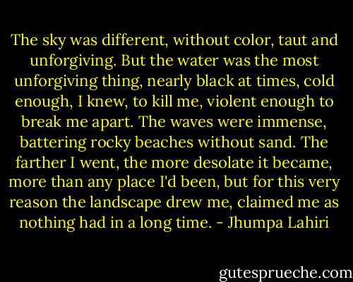 The sky was different, without color, taut and unforgiving. But the water was the most unforgiving thing, nearly black at times, cold enough, I knew, to kill me, violent enough to break me apart. The waves were immense, battering rocky beaches without sand. The farther I went, the more desolate it became, more than any place I'd been, but for this very reason the landscape drew me, claimed me as nothing had in a long time. - Jhumpa Lahiri