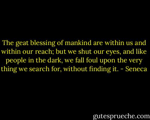 The geat blessing of mankind are within us and within our reach; but we shut our eyes, and like people in the dark, we fall foul upon the very thing we search for, without finding it. - Seneca