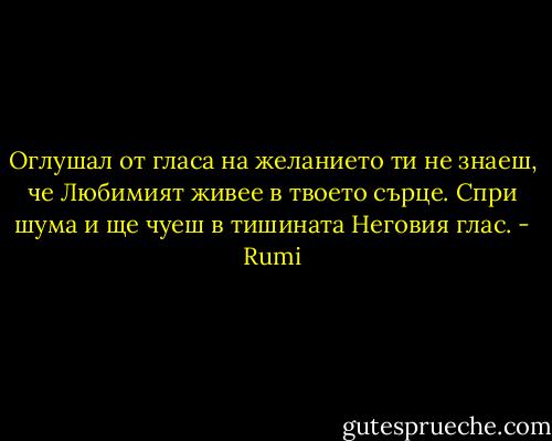 Оглушал от гласа на желанието<br />ти не знаеш,<br />че Любимият живее<br />в твоето сърце.<br />Спри шума<br />и ще чуеш в тишината<br />Неговия глас. - Rumi