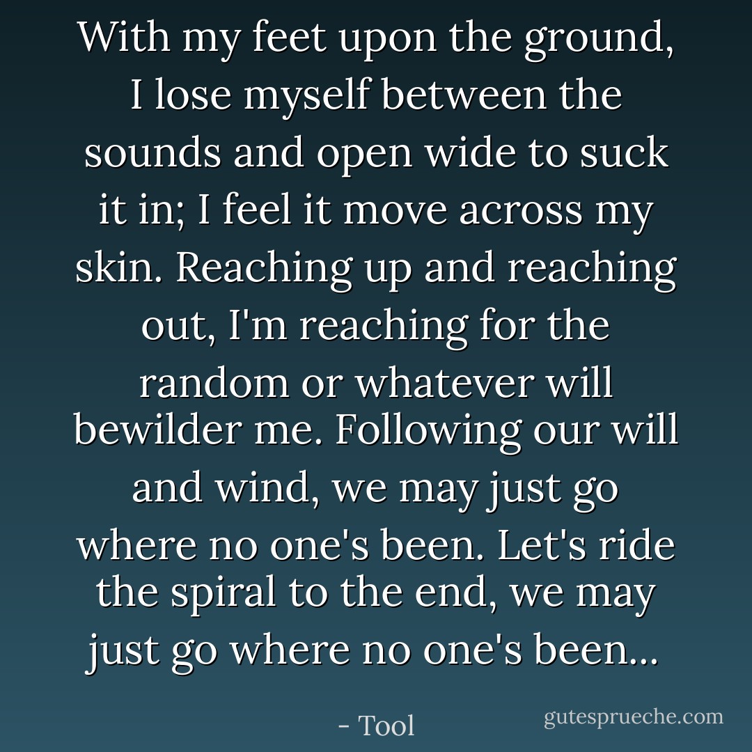 With my feet upon the ground, I lose myself between the sounds and open wide to suck it in; I feel it move across my skin. Reaching up and reaching out, I'm reaching for the random or whatever will bewilder me. Following our will and wind, we may just go where no one's been. Let's ride the spiral to the end, we may just go where no one's been... - Tool