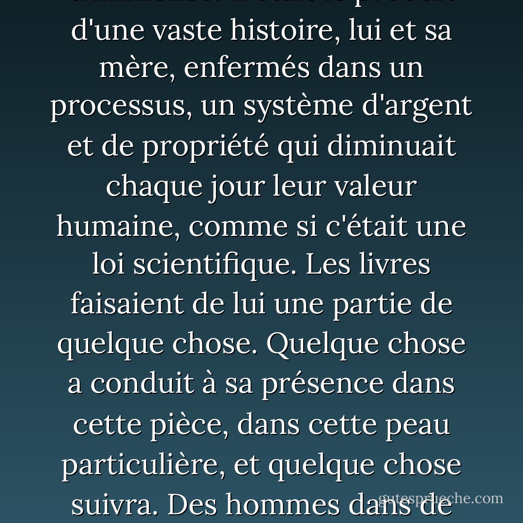 [Lee Oswald] se considérait comme faisant partie de quelque chose de vaste et d'immense. Il était le produit d'une vaste histoire, lui et sa mère, enfermés dans un processus, un système d'argent et de propriété qui diminuait chaque jour leur valeur humaine, comme si c'était une loi scientifique. Les livres faisaient de lui une partie de quelque chose. Quelque chose a conduit à sa présence dans cette pièce, dans cette peau particulière, et quelque chose suivra. Des hommes dans de petites pièces. Des hommes qui lisent et attendent, luttant avec des idées secrètes et fébriles. - Don DeLillo