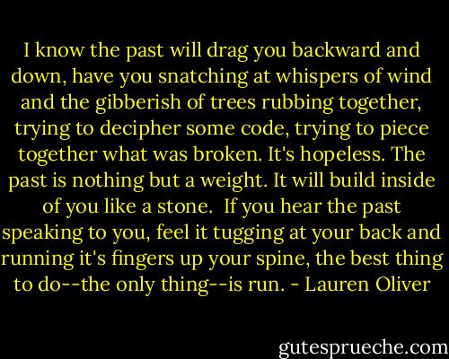I know the past will drag you backward and down, have you snatching at whispers of wind and the gibberish of trees rubbing together, trying to decipher some code, trying to piece together what was broken. It's hopeless. The past is nothing but a weight. It will build inside of you like a stone.<br /> If you hear the past speaking to you, feel it tugging at your back and running it's fingers up your spine, the best thing to do--the only thing--is run. - Lauren Oliver