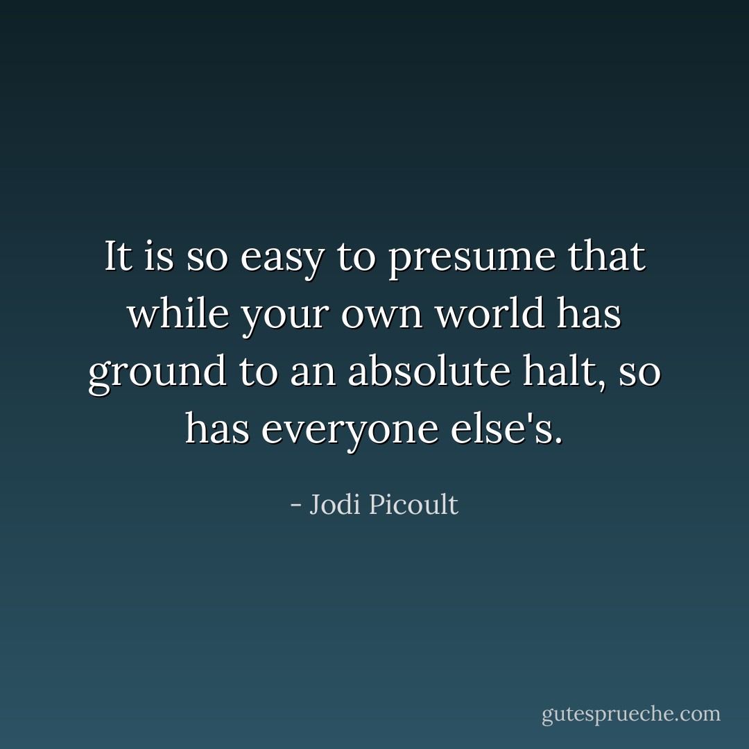 It is so easy to presume that while your own world has ground to an absolute halt, so has everyone else's. - Jodi Picoult