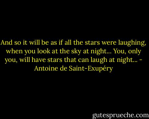 And so it will be as if all the stars were laughing, when you look at the sky at night... You, only you, will have stars that can laugh at night... - Antoine de Saint-Exupéry