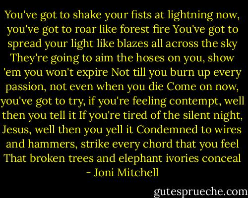 You've got to shake your fists at lightning now, you've got to roar like forest fire<br />You've got to spread your light like blazes all across the sky<br />They're going to aim the hoses on you, show 'em you won't expire<br />Not till you burn up every passion, not even when you die<br />Come on now, you've got to try, if you're feeling contempt, well then you tell it<br />If you're tired of the silent night, Jesus, well then you yell it<br />Condemned to wires and hammers, strike every chord that you feel<br />That broken trees and elephant ivories conceal - Joni Mitchell