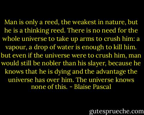 Man is only a reed, the weakest in nature, but he is a thinking reed. There is no need for the whole universe to take up arms to crush him: a vapour, a drop of water is enough to kill him. but even if the universe were to crush him, man would still be nobler than his slayer, because he knows that he is dying and the advantage the universe has over him. The universe knows none of this. - Blaise Pascal