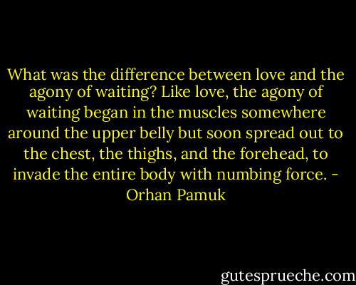 What was the difference between love and the agony of waiting? Like love, the agony of waiting began in the muscles somewhere around the upper belly but soon spread out to the chest, the thighs, and the forehead, to invade the entire body with numbing force. - Orhan Pamuk