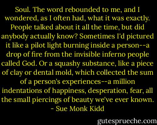Soul. The word rebounded to me, and I wondered, as I often had, what it was exactly. People talked about it all the time, but did anybody actually know? Sometimes I'd pictured it like a pilot light burning inside a person--a drop of fire from the invisible inferno people called God. Or a squashy substance, like a piece of clay or dental mold, which collected the sum of a person's experiences--a million indentations of happiness, desperation, fear, all the small piercings of beauty we've ever known. - Sue Monk Kidd