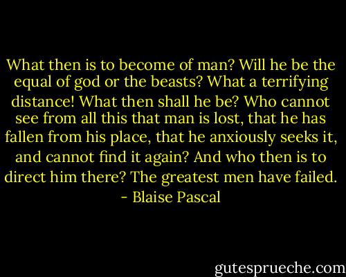 What then is to become of man? Will he be the equal of god or the beasts? What a terrifying distance! What then shall he be? Who cannot see from all this that man is lost, that he has fallen from his place, that he anxiously seeks it, and cannot find it again? And who then is to direct him there? The greatest men have failed. - Blaise Pascal