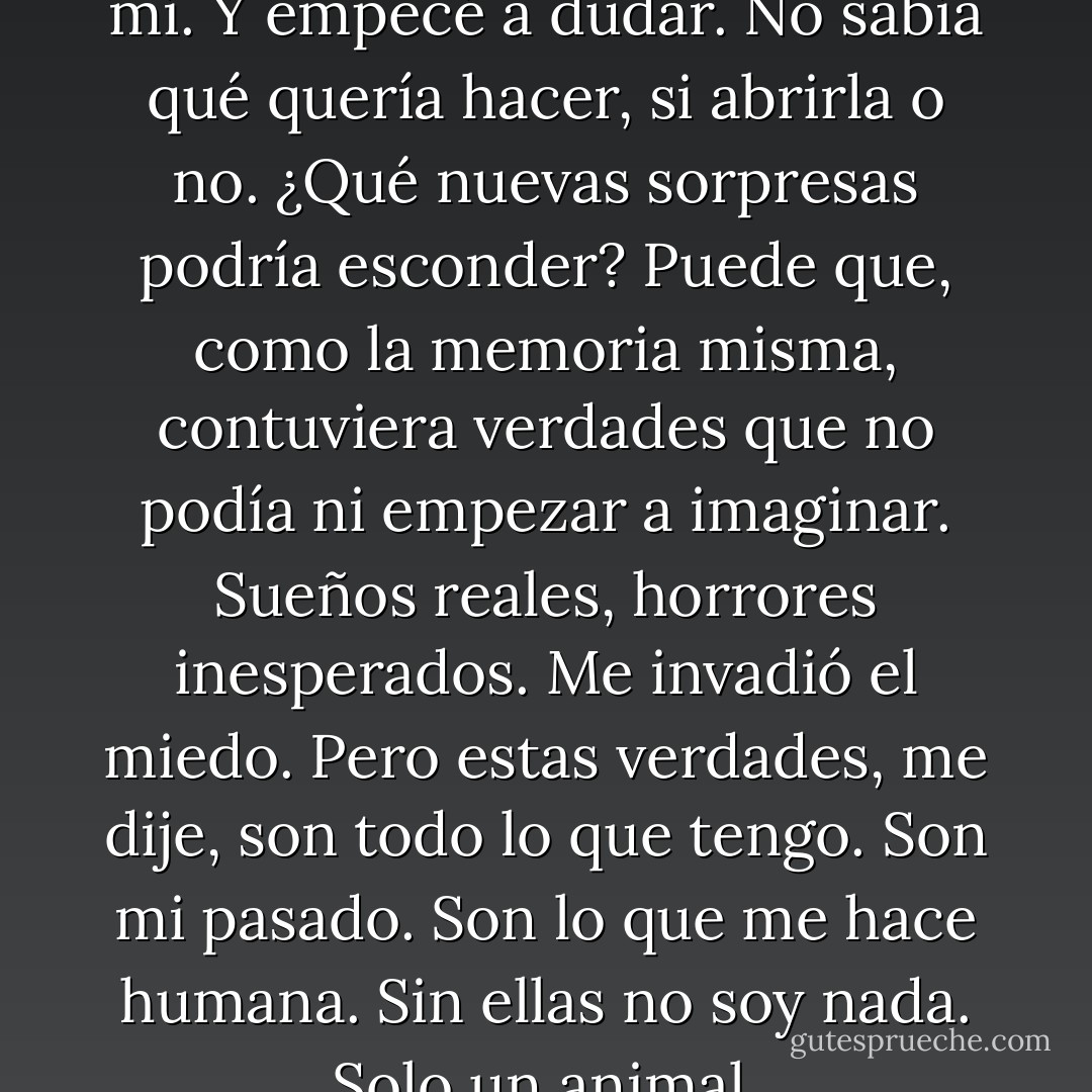 La dejé en el suelo, delante de mí. Y empecé a dudar. No sabía qué quería hacer, si abrirla o no. ¿Qué nuevas sorpresas podría esconder? Puede que, como la memoria misma, contuviera verdades que no podía ni empezar a imaginar. Sueños reales, horrores inesperados. Me invadió el miedo. Pero estas verdades, me dije, son todo lo que tengo. Son mi pasado. Son lo que me hace humana. Sin ellas no soy nada. Solo un animal. - S.J. Watson