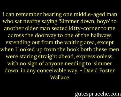 I can remember hearing one middle-aged man who sat nearby saying 'Simmer down, boyo' to another older man seated kitty-corner to me across the doorway to one of the hallways extending out from the waiting area, except when I looked up from the book both these men were staring straight ahead, expressionless, with no sign of anyone needing to 'simmer down' in any conceivable way. - David Foster Wallace