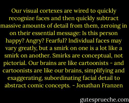 Our visual cortexes are wired to quickly recognize faces and then quickly subtract massive amounts of detail from them, zeroing in on their essential message: Is this person happy? Angry? Fearful? Individual faces may vary greatly, but a smirk on one is a lot like a smirk on another. Smirks are conceptual, not pictorial. Our brains are like cartoonists - and cartoonists are like our brains, simplifying and exaggerating, subordinating facial detail to abstract comic concepts. - Jonathan Franzen