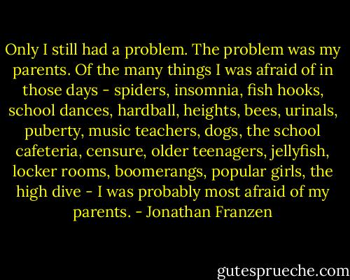 Only I still had a problem. The problem was my parents. Of the many things I was afraid of in those days - spiders, insomnia, fish hooks, school dances, hardball, heights, bees, urinals, puberty, music teachers, dogs, the school cafeteria, censure, older teenagers, jellyfish, locker rooms, boomerangs, popular girls, the high dive - I was probably most afraid of my parents. - Jonathan Franzen