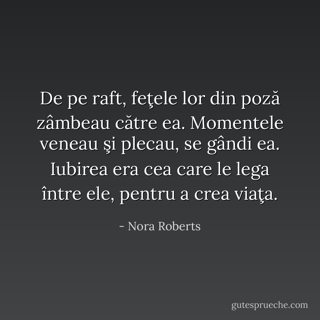 De pe raft, feţele lor din poză zâmbeau către ea. Momentele veneau şi plecau, se gândi ea. Iubirea era cea care le lega între ele, pentru a crea viaţa. - Nora Roberts