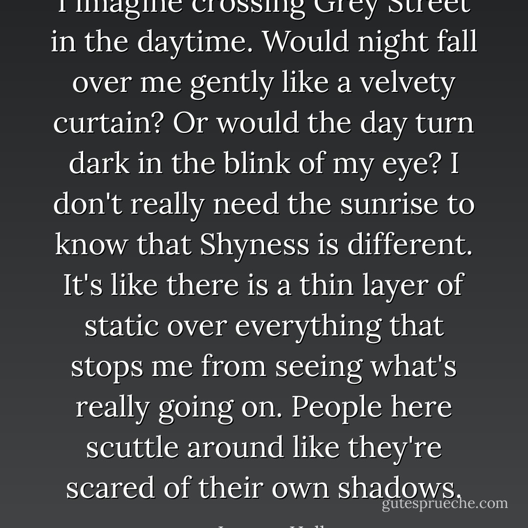 I imagine crossing Grey Street in the daytime. Would night fall over me gently like a velvety curtain? ﻿Or would the day turn dark in the blink of my eye? I don't really need the sunrise to know that Shyness is different. It's like there is a thin layer of static over everything that stops me from seeing what's really going on. People here scuttle around like they're scared of their own shadows. - Leanne Hall