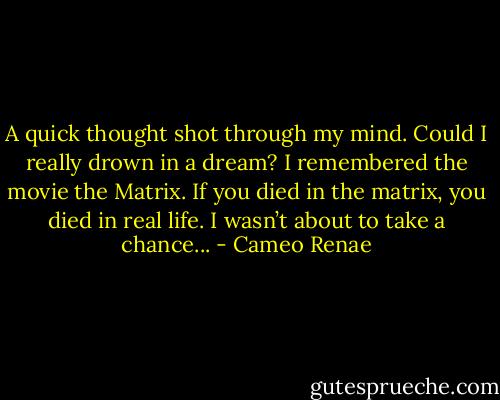 A quick thought shot through my mind. Could I really drown in a dream? I remembered the movie the Matrix. If you died in the matrix, you died in real life. I wasn’t about to take a chance... - Cameo Renae
