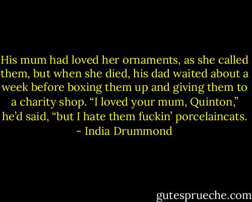 His mum had loved her ornaments, as she called them, but when she died, his dad waited about a week before boxing them up and giving them to a charity shop. “I loved your mum, Quinton,” he’d said, “but I hate them fuckin’ porcelaincats. - India Drummond
