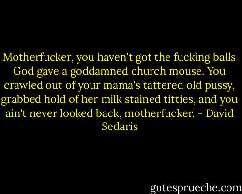 Motherfucker, you haven't got the fucking balls God gave a goddamned church mouse. You crawled out of your mama's tattered old pussy, grabbed hold of her milk stained titties, and you ain't never looked back, motherfucker. - David Sedaris