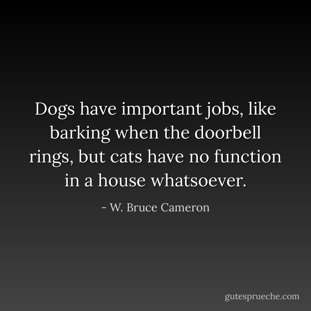 Dogs have important jobs, like barking when the doorbell rings, but cats have no function in a house whatsoever. - W. Bruce Cameron