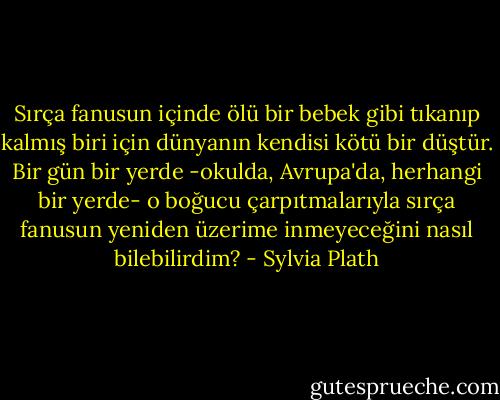 Sırça fanusun içinde ölü bir bebek gibi tıkanıp kalmış biri için dünyanın kendisi kötü bir düştür. Bir gün bir yerde -okulda, Avrupa'da, herhangi bir yerde- o boğucu çarpıtmalarıyla sırça fanusun yeniden üzerime inmeyeceğini nasıl bilebilirdim? - Sylvia Plath