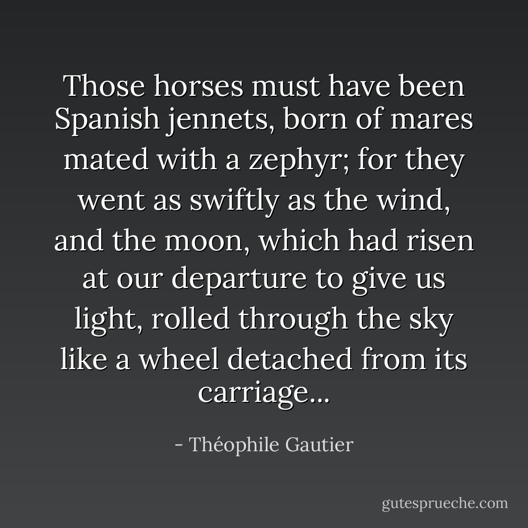Those horses must have been Spanish jennets, born of mares mated with a zephyr; for they went as swiftly as the wind, and the moon, which had risen at our departure to give us light, rolled through the sky like a wheel detached from its carriage... - Théophile Gautier