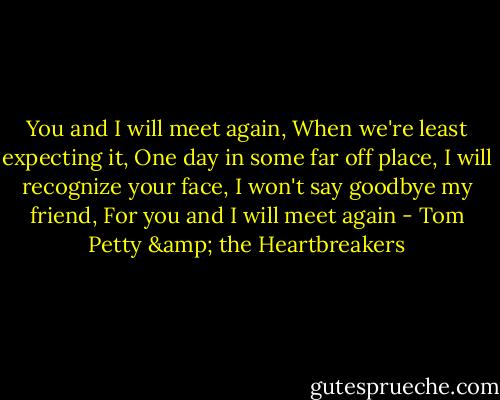 You and I will meet again, When we're least expecting it, One day in some far off place, I will recognize your face, I won't say goodbye my friend, For you and I will meet again - Tom Petty & the Heartbreakers
