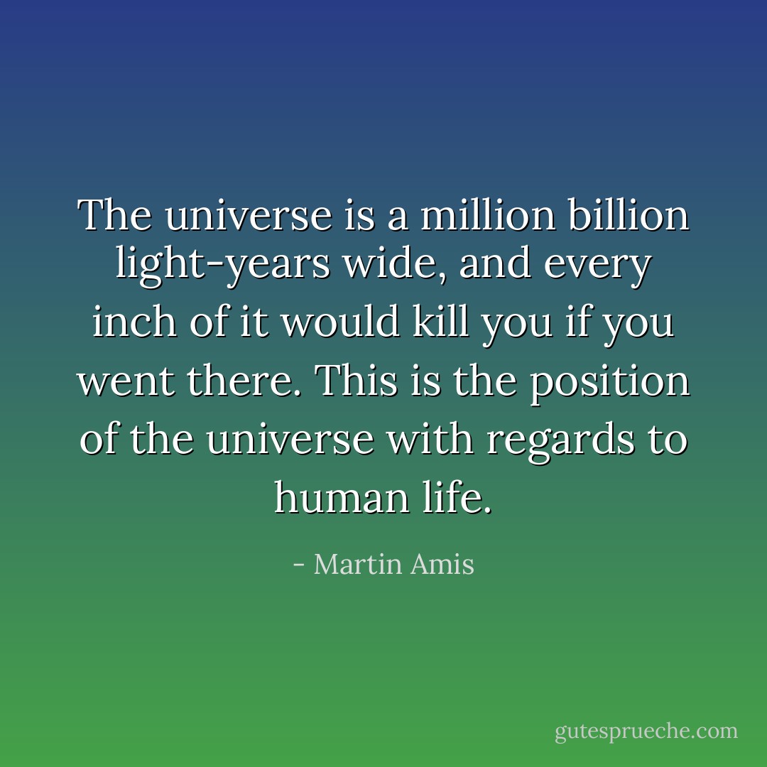 The universe is a million billion light-years wide, and every inch of it would kill you if you went there. This is the position of the universe with regards to human life. - Martin Amis