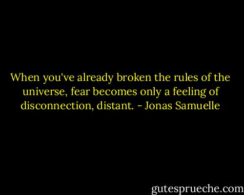 When you've already broken the rules of the universe, fear becomes only a feeling of disconnection, distant. - Jonas Samuelle