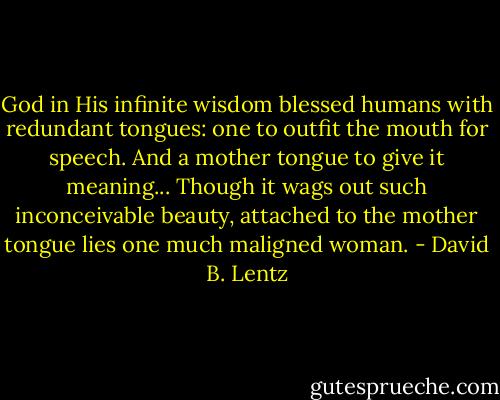 God in His infinite wisdom blessed humans with redundant tongues: one to outfit the mouth for speech. And a mother tongue to give it meaning... Though it wags out such inconceivable beauty, attached to the mother tongue lies one much maligned woman. - David B. Lentz