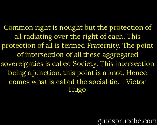 Common right is nought but the protection of all radiating over the right of each. This protection of all is termed Fraternity. The point of intersection of all these aggregated sovereignties is called Society. This intersection being a junction, this point is a knot. Hence comes what is called the social tie. - Victor Hugo
