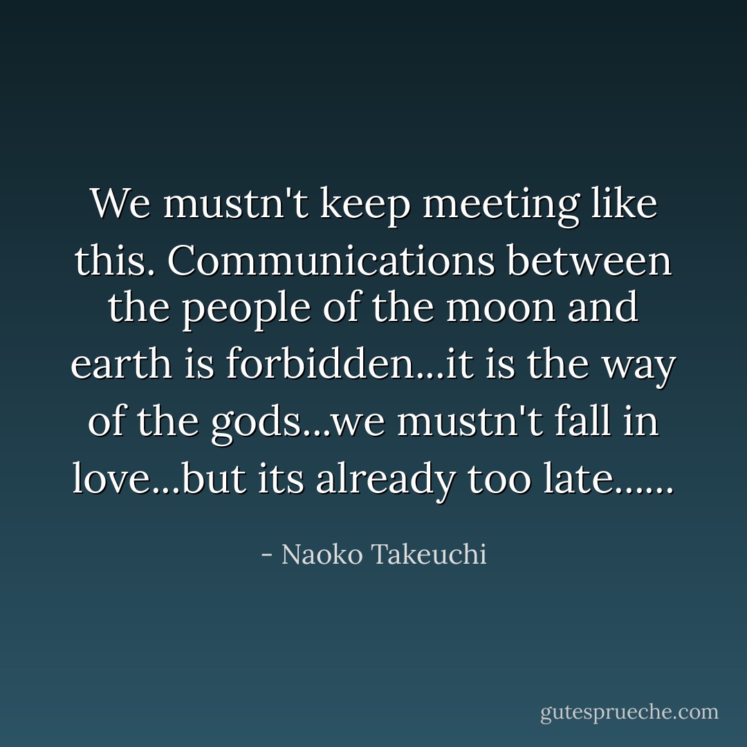 We mustn't keep meeting like this. Communications between the people of the moon and earth is forbidden...it is the way of the gods...we mustn't fall in love...but its already too late...... - Naoko Takeuchi