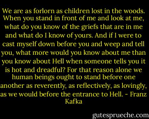 We are as forlorn as children lost in the woods. When you stand in front of me and look at me, what do you know of the griefs that are in me and what do I know of yours. And if I were to cast myself down before you and weep and tell you, what more would you know about me than you know about Hell when someone tells you it is hot and dreadful? For that reason alone we human beings ought to stand before one another as reverently, as reflectively, as lovingly, as we would before the entrance to Hell. - Franz Kafka