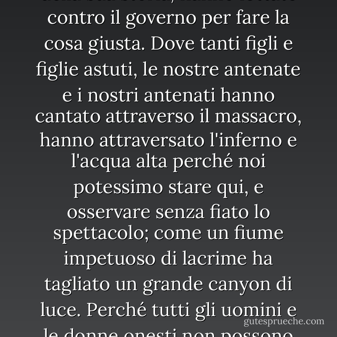 Amo il mio Paese, e con questo intendo dire che sono gioiosamente in debito con tutte le persone che, nel corso della sua storia, hanno lottato contro il governo per fare la cosa giusta. Dove tanti figli e figlie astuti, le nostre antenate e i nostri antenati hanno cantato attraverso il massacro, hanno attraversato l'inferno e l'acqua alta perché noi potessimo stare qui, e osservare senza fiato lo spettacolo; come un fiume impetuoso di lacrime ha tagliato un grande canyon di luce. Perché tutti gli uomini e le donne onesti non possono definirsi femministi, in segno di rispetto per coloro che hanno combattuto per questo? - Ani DiFranco
