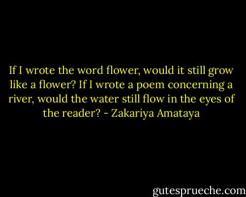If I wrote the word flower,<br />would it still grow like a flower?<br />If I wrote a poem concerning a river,<br />would the water still flow in the eyes of the reader? - Zakariya Amataya