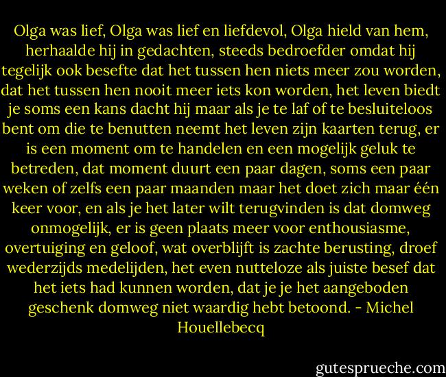 Olga was lief, Olga was lief en liefdevol, Olga hield van hem, herhaalde hij in gedachten, steeds bedroefder omdat hij tegelijk ook besefte dat het tussen hen niets meer zou worden, dat het tussen hen nooit meer iets kon worden, het leven biedt je soms een kans dacht hij maar als je te laf of te besluiteloos bent om die te benutten neemt het leven zijn kaarten terug, er is een moment om te handelen en een mogelijk geluk te betreden, dat moment duurt een paar dagen, soms een paar weken of zelfs een paar maanden maar het doet zich maar één keer voor, en als je het later wilt terugvinden is dat domweg onmogelijk, er is geen plaats meer voor enthousiasme, overtuiging en geloof, wat overblijft is zachte berusting, droef wederzijds medelijden, het even nutteloze als juiste besef dat het iets had kunnen worden, dat je je het aangeboden geschenk domweg niet waardig hebt betoond. - Michel Houellebecq