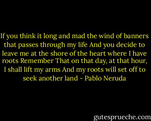 If you think it long and mad the wind of banners that passes through my life<br />And you decide to leave me at the shore of the heart where I have roots<br />Remember<br />That on that day, at that hour, I shall lift my arms<br />And my roots will set off to seek another land - Pablo Neruda