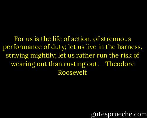 For us is the life of action, of strenuous performance of duty; let us live in the harness, striving mightily; let us rather run the risk of wearing out than rusting out. - Theodore Roosevelt